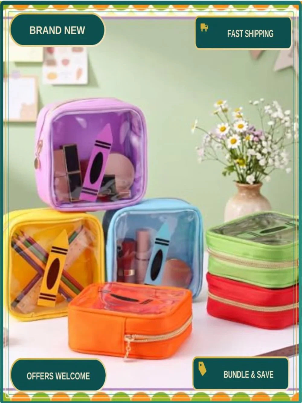 6pc Clear Teacher Pouch PVC Nylon Mini Cosmetic Bag Travel Storage Zipper Gift